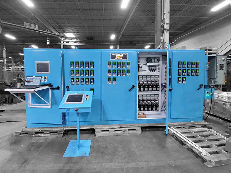 Conveyor System Controls and Automation Panel – Webb-Stiles Webb-Stiles conveyor system control panel with touchscreens and VFD controls for automated material handling