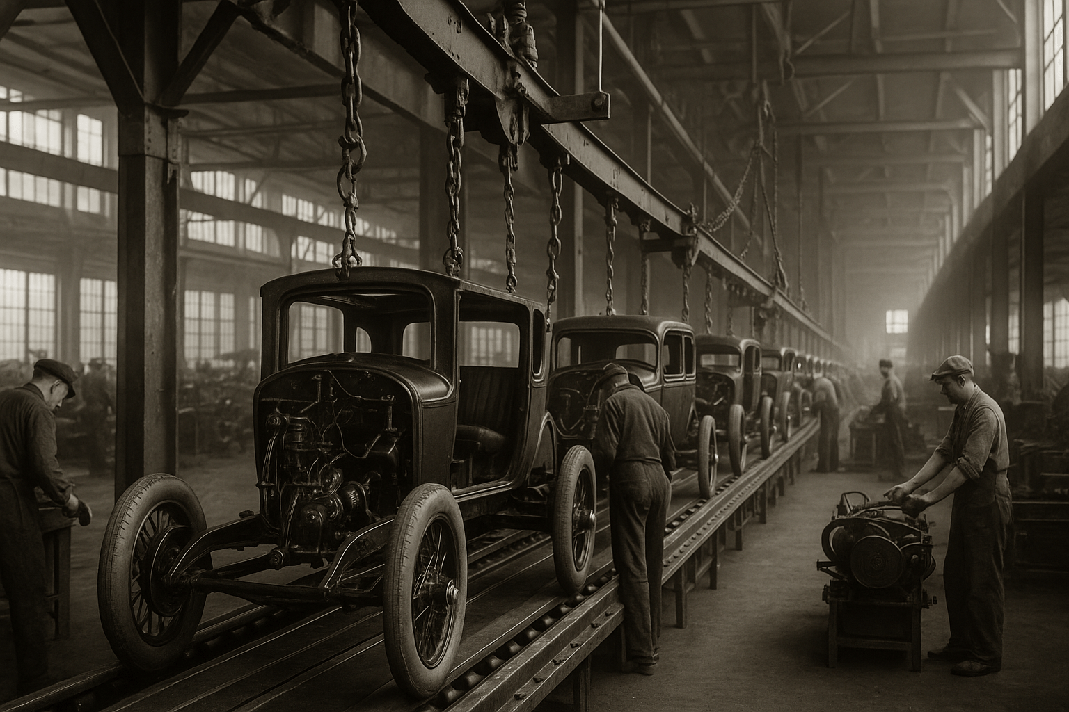 AI-generated vintage photograph of an overhead conveyor assembly line in an early 20th-century automotive factory, with workers assembling cars.