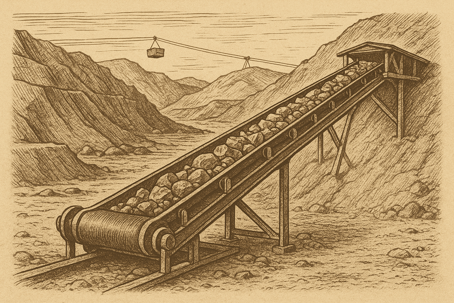 AI-generated vintage illustration of a belt conveyor transporting rocks in a mining operation, showing an angled conveyor structure in a rugged mountainous landscape.
