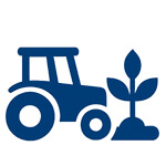 Navy blue agricultural icon showing a tractor and plant, representing the agricultural equipment industry.