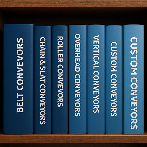 Bookshelf graphic showing different conveyor types, created for the Webb-Stiles Literature Library with AI direction.