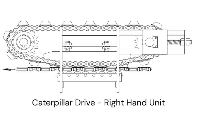 Technical line drawing of a right-hand Caterpillar Drive with powered cat chain and gear components