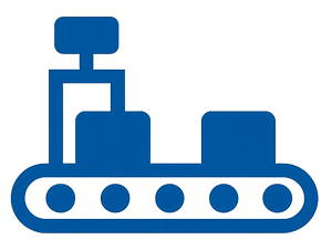 Blue icon of an automated conveyor system with boxes and control structure.