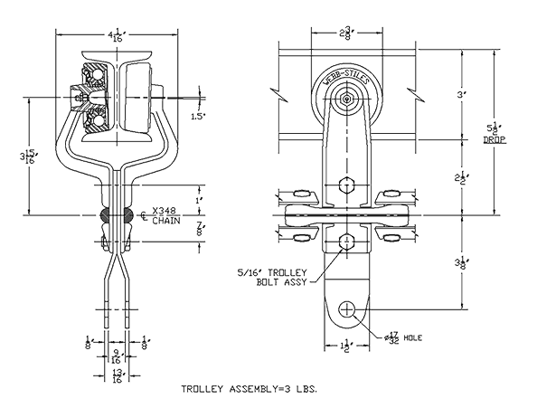 Technical diagram of a 3-inch forged ball bearing trolley assembly with dimensions, showing side and front views for overhead conveyor applications.