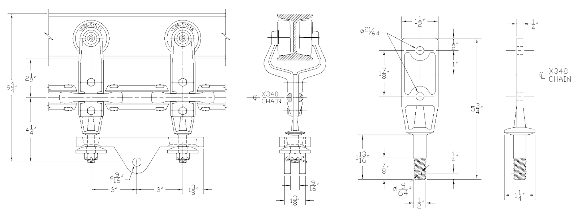 Technical drawing of a 3-inch trolley and load bar assembly with detailed dimensions for heavy load applications.