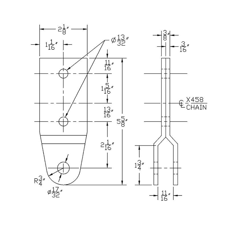 4-inch H-type trolley attachment diagram with full dimensions for bracket and chain connection.