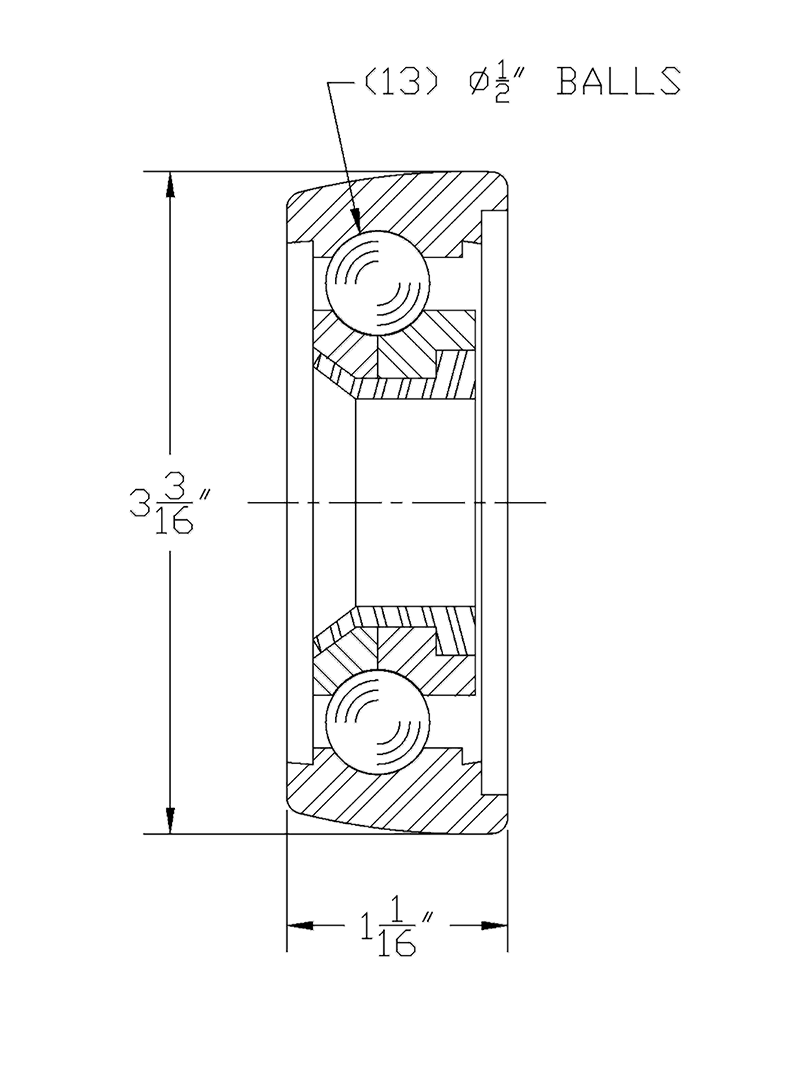 Open cross-section view of a 4-inch trolley wheel with 13 precision-ground steel balls and no seal or plug