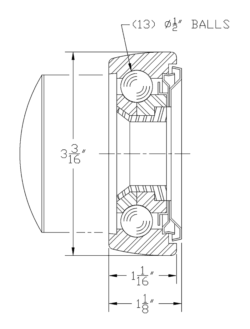 Full complement sealed bearing for 4-inch overhead conveyor trolley with 13 steel balls and grease fitting