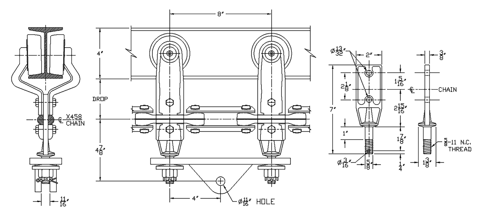 Technical drawing of 4-inch overhead conveyor trolley and load bar assembly for heavy-duty applications.