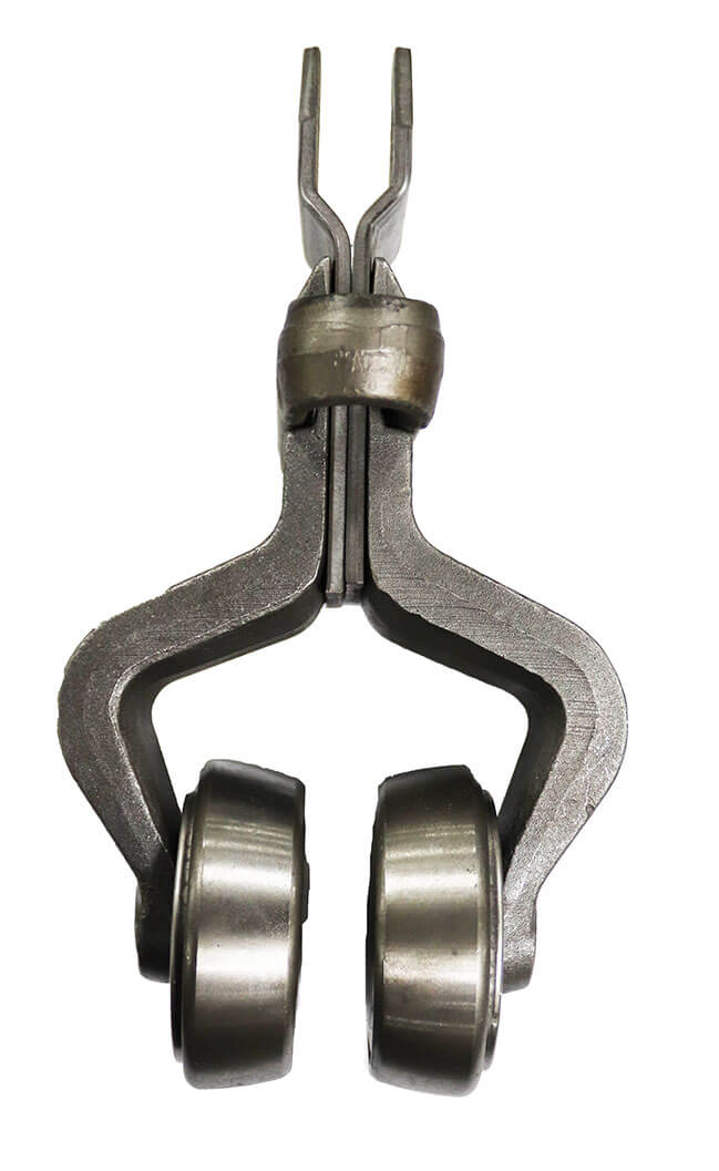 Forged ball bearing 4-inch drop trolley assembly for overhead conveyors, 7 3/16-inch drop.