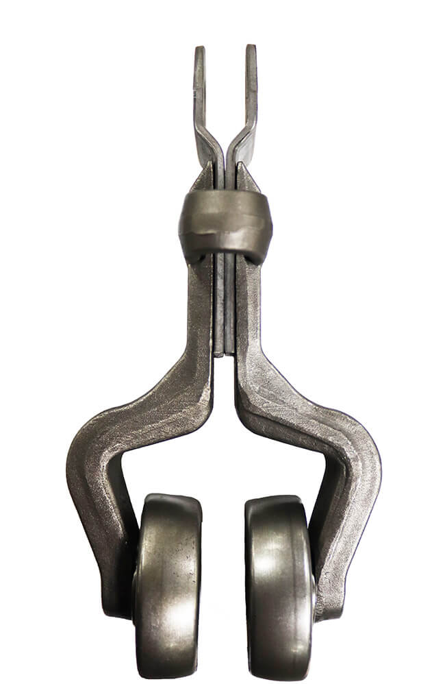 Forged ball bearing 4-inch drop trolley assembly for overhead conveyors, 8-inch drop.