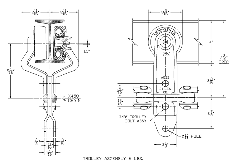 4-Inch Overhead Conveyor Trolley Assembly – 7-3/16" Drop