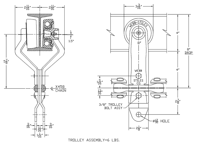 Technical diagram of a 4-inch overhead trolley assembly with 8-inch drop for overhead conveyor systems.