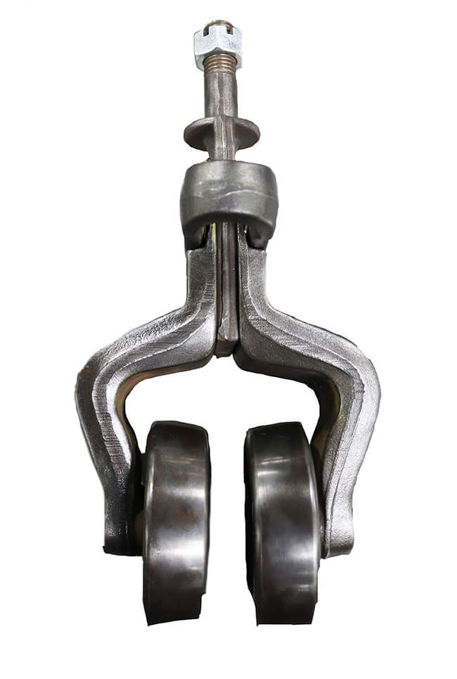 Forged ball bearing overhead conveyor trolley assembly for 6-inch track size.