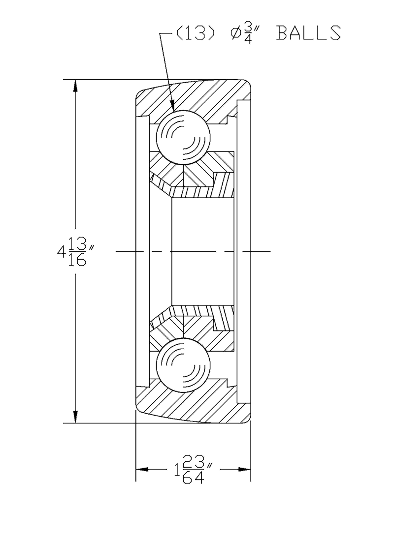 6-inch open full complement trolley wheel with 3/4" ball bearings, shown in cross-section