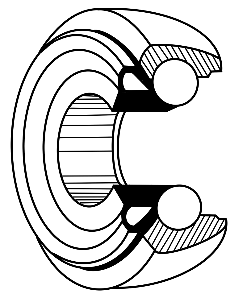 Cutaway diagram of a front-seal-only full ball complement trolley wheel bearing with the rear of the wheel exposed.