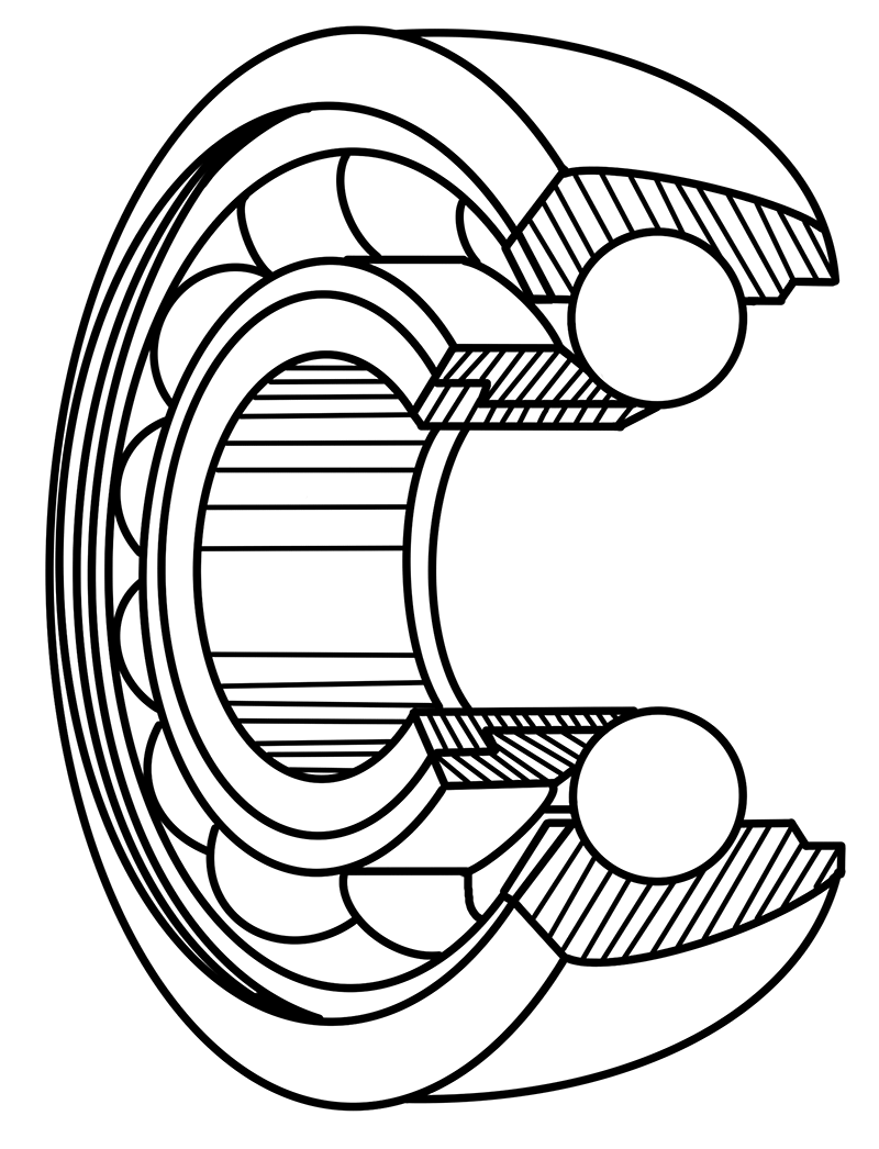 Cutaway diagram of an open-type full ball complement trolley wheel bearing with precision-ground steel balls and no front or rear seals.