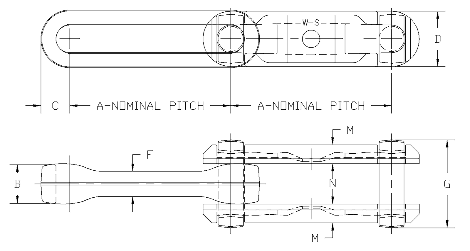 Technical drawing of drop forged rivetless overhead conveyor chain with labeled dimensions