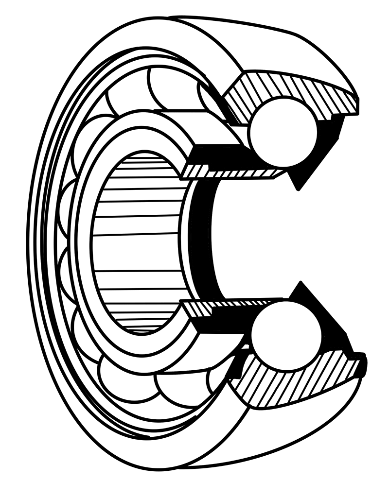Cutaway diagram of a rear-seal-only full ball complement trolley wheel bearing with the front of the wheel exposed.