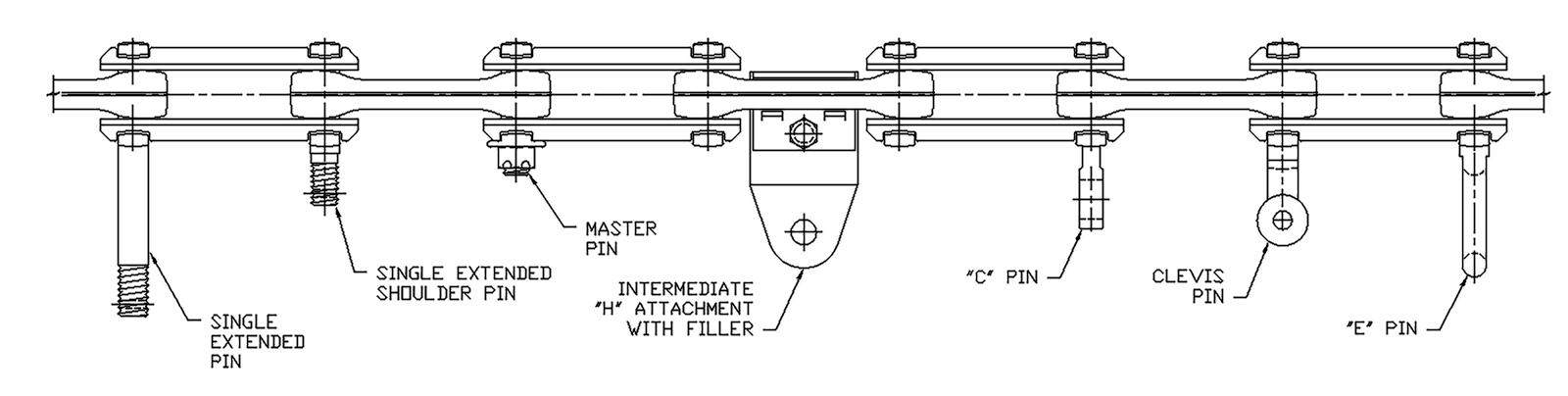 Technical drawing showing rivetless conveyor chain with various attachment pins, including single extended pin, single extended shoulder pin, master pin, intermediate H attachment with filler, C pin, clevis pin, and E pin.