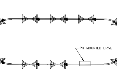 Pit mounted drive layout for towline conveyor system
