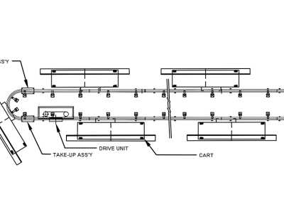 Flex tracker towline conveyor layout with carts and drive unit